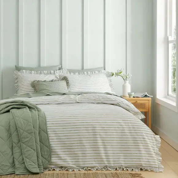 Frilled Stripe Duvet Cover Set - Olive, Cotton image
