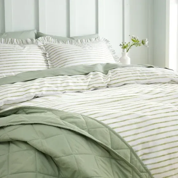 Frilled Stripe Duvet Cover Set - Olive, Cotton