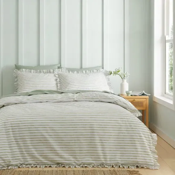 Frilled Stripe Duvet Cover Set - Olive, Cotton