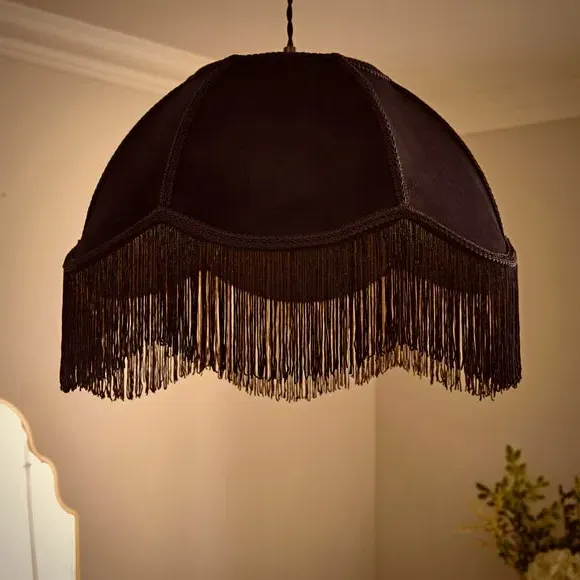 Fringed Lamp Shade - Black, Velvet