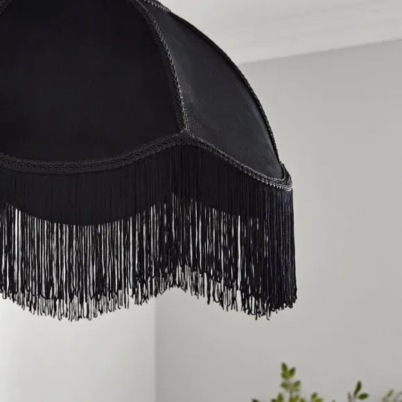 Fringed Lamp Shade - Black, Velvet