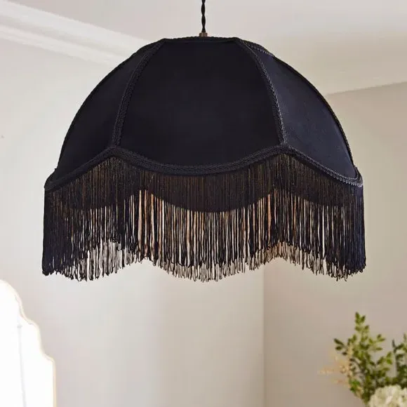 Fringed Lamp Shade - Black, Velvet