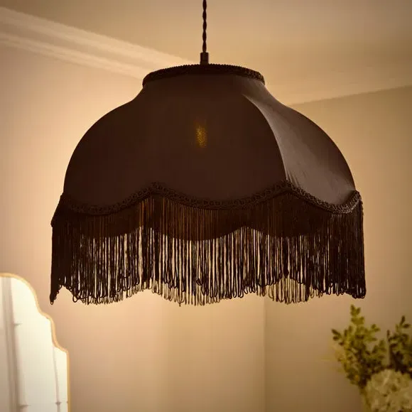 Fringed Lamp Shade with Braid - Black, Satin