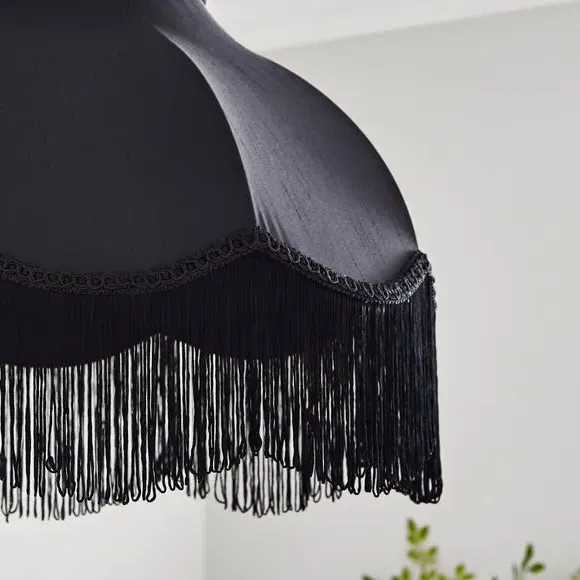 Fringed Lamp Shade with Braid - Black, Satin