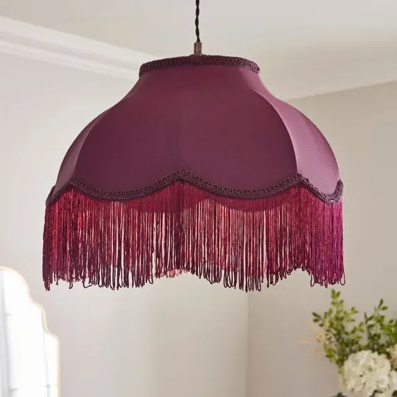 Fringed Lamp Shade with Braid - Damson, Satin