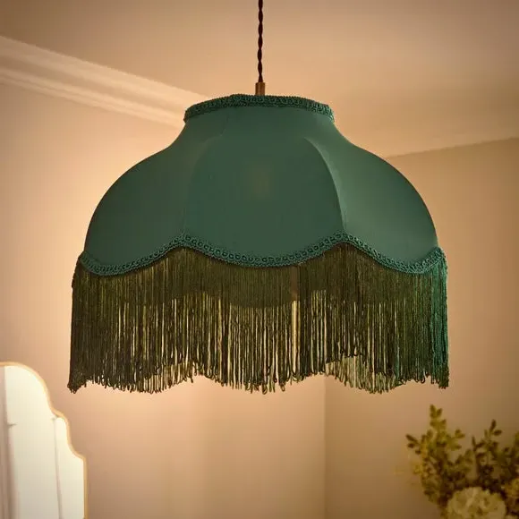 Fringed Lamp Shade with Braid - Emerald, Satin