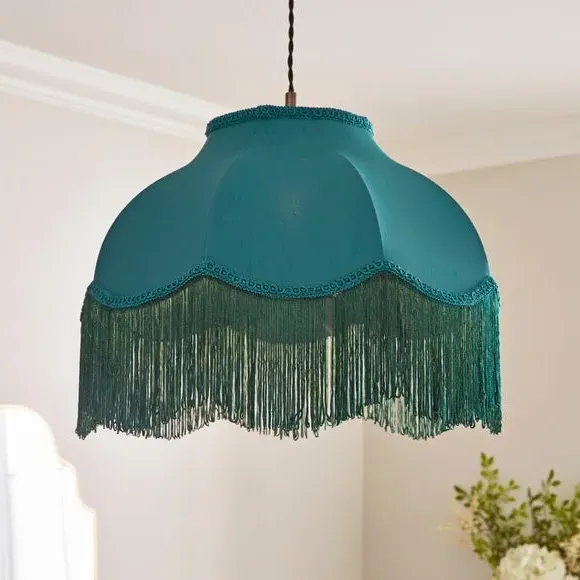 Fringed Lamp Shade with Braid - Emerald, Satin