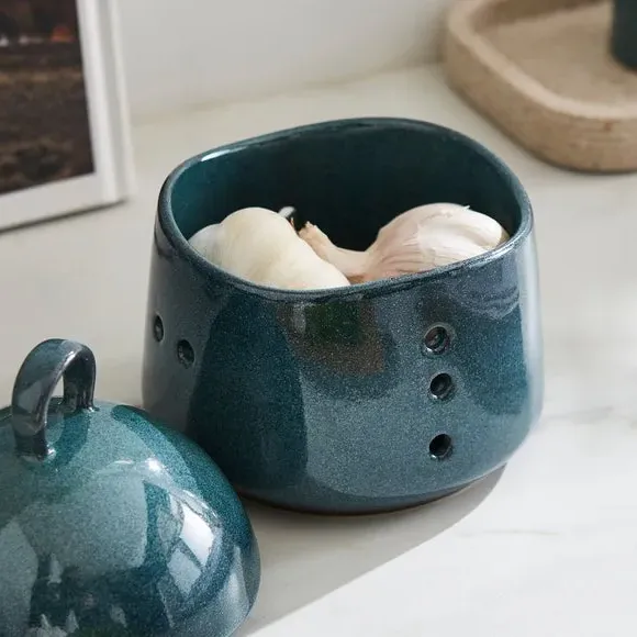 Garlic Pot with Lid - Blue, Stoneware