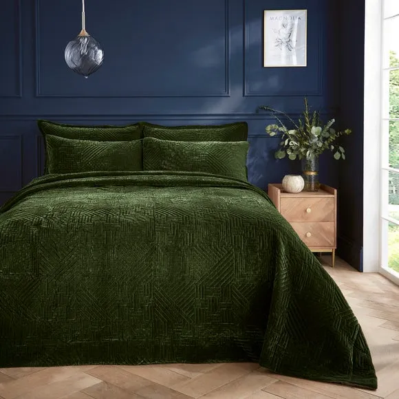 Geo Bedspread with Velvet Finish - Olive image