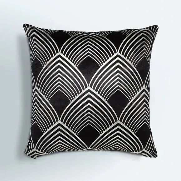Geo Print Cushion with Foil Detail - Black, Velvet