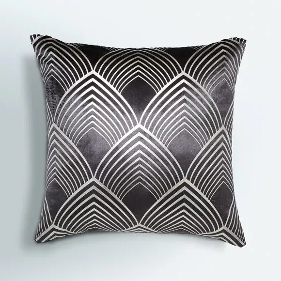 Geo Print Cushion with Foil Detail - Charcoal, Velvet