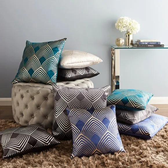 Geo Print Cushion with Foil Detail - Cream, Velvet