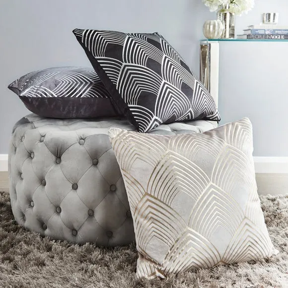 Geo Print Cushion with Foil Detail - Cream, Velvet
