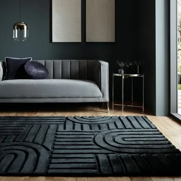 Geometric Arch Rug with Faux Fur - Black image
