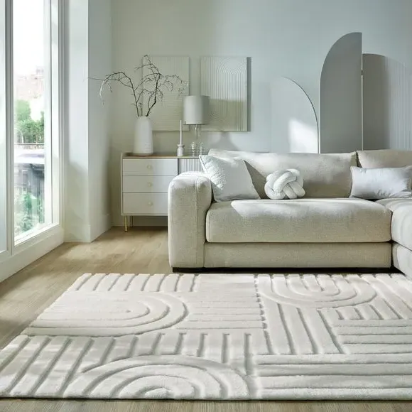 Geometric Arch Rug with Faux Fur - Ivory