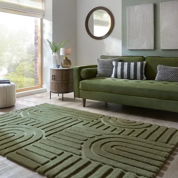Geometric Arch Rug with Faux Fur - Olive