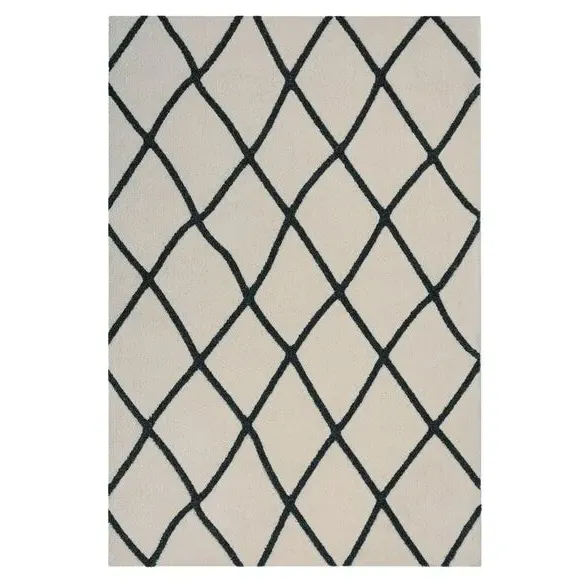 Geometric Berber Rug with Shaggy Pile - Cream, Wool