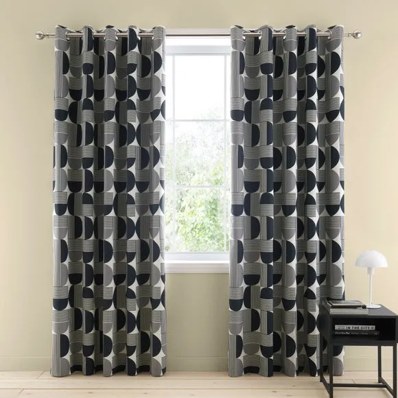 Geometric Blackout Eyelet Curtains - Black, Cotton