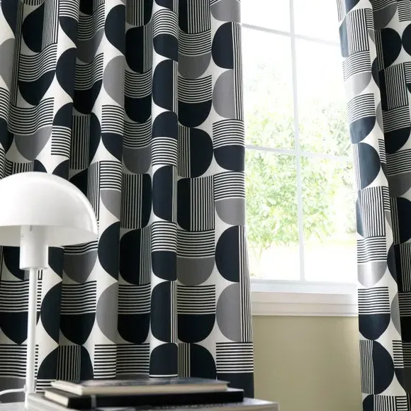 Geometric Blackout Eyelet Curtains - Black, Cotton