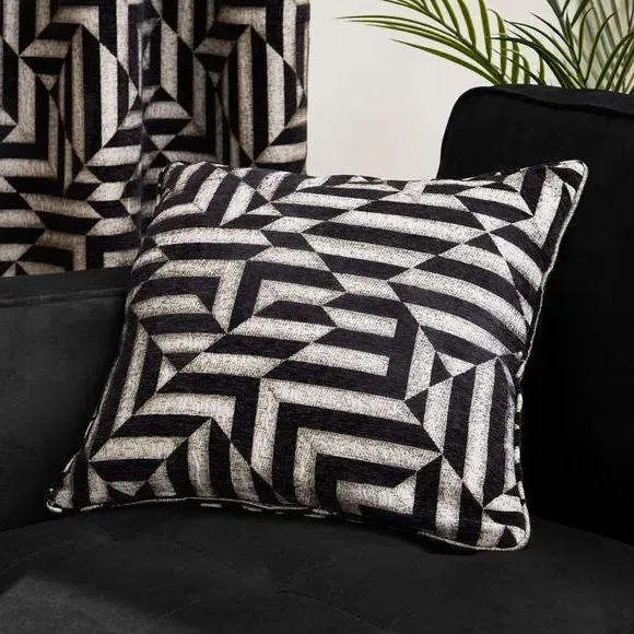 Geometric Cushion with Feather Fill - Black, Chenille image