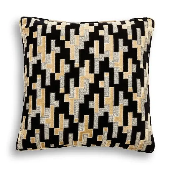 Geometric Cushion with Piped Edge - Black, Velvet