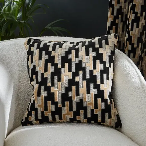 Geometric Cushion with Piped Edge - Black, Velvet image