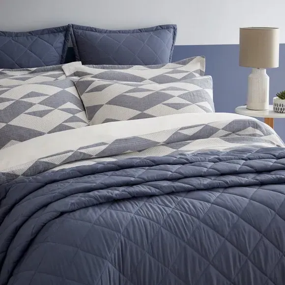 Geometric Duvet Cover Set - Steel Blue, Polycotton