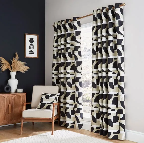 Geometric Eyelet Curtains - Black, Jacquard