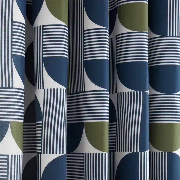 Geometric Eyelet Curtains - Navy, Cotton