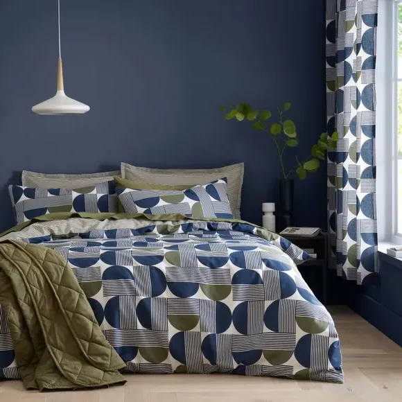 Geometric Eyelet Curtains - Navy, Cotton