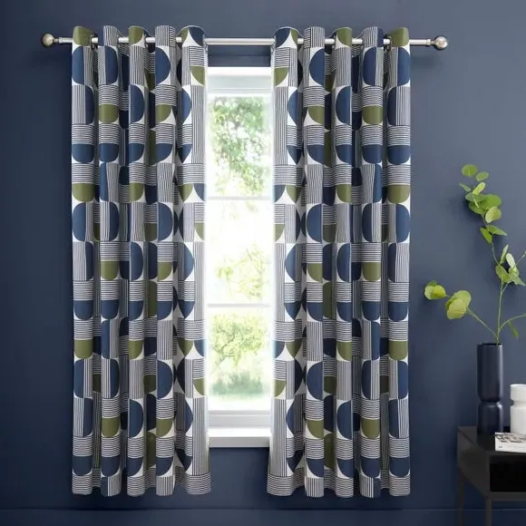 Geometric Eyelet Curtains - Navy, Cotton
