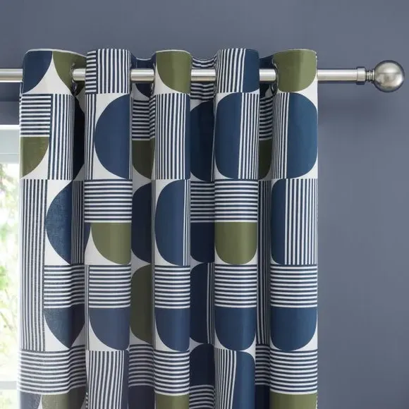 Geometric Eyelet Curtains - Navy, Cotton image