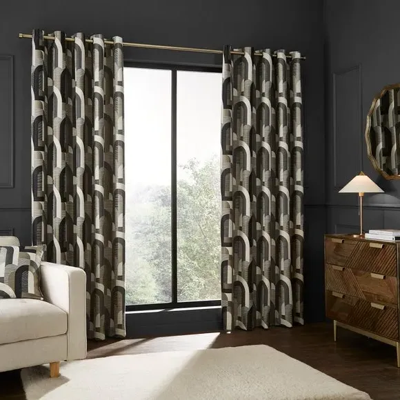Geometric Jacquard Eyelet Curtains - Charcoal, Polyester