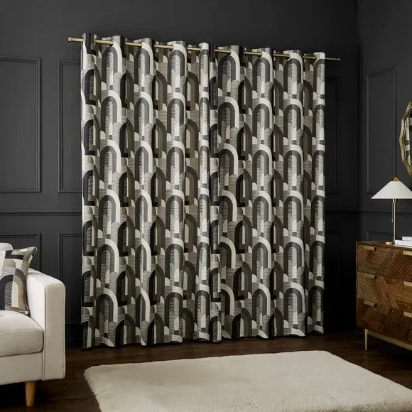 Geometric Jacquard Eyelet Curtains - Charcoal, Polyester