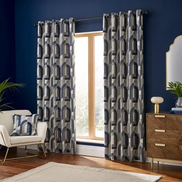 Geometric Jacquard Eyelet Curtains - Navy, Polyester