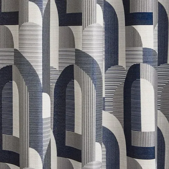 Geometric Jacquard Eyelet Curtains - Navy, Polyester