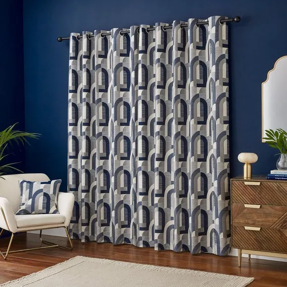 Geometric Jacquard Eyelet Curtains - Navy, Polyester