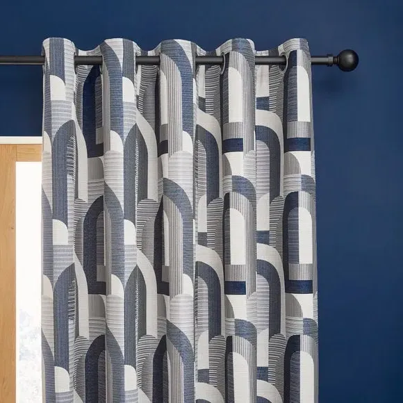 Geometric Jacquard Eyelet Curtains - Navy, Polyester