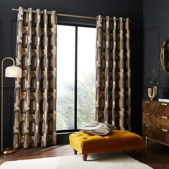 Geometric Jacquard Eyelet Curtains - Ochre, Polyester