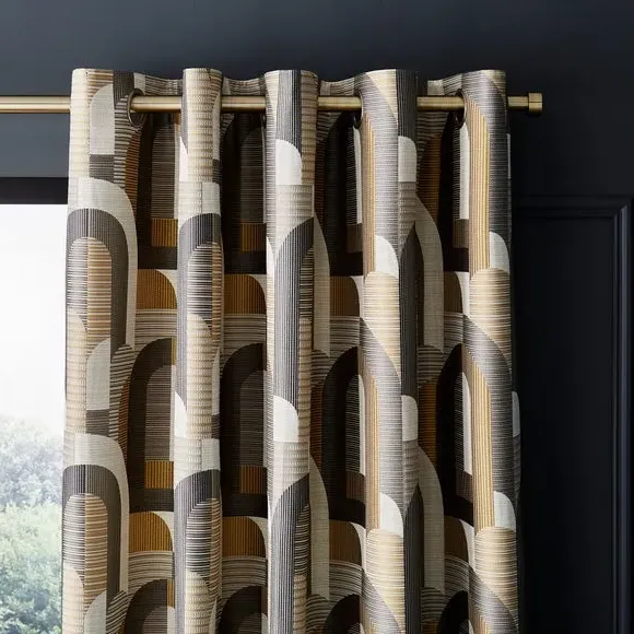 Geometric Jacquard Eyelet Curtains - Ochre, Polyester