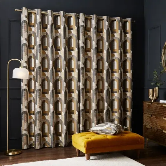 Geometric Jacquard Eyelet Curtains - Ochre, Polyester