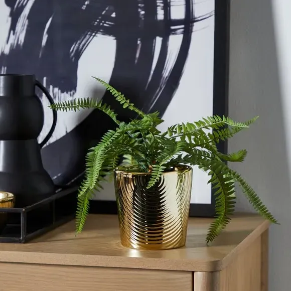 Geometric Plant Pot with Pattern - Gold, Ceramic image