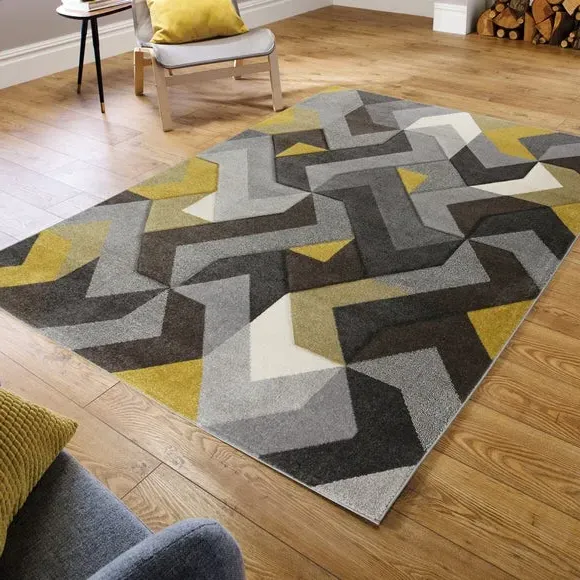 Geometric Rug with Hand Carved Detail - Ochre