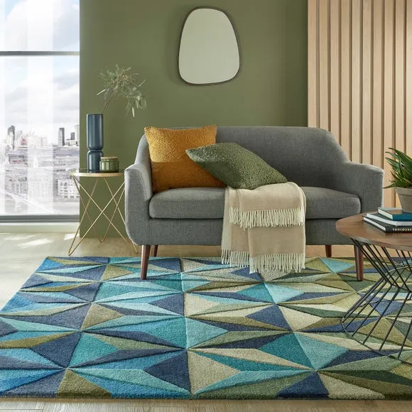 Geometric Rug with Kaleidoscope Design - Navy, Wool