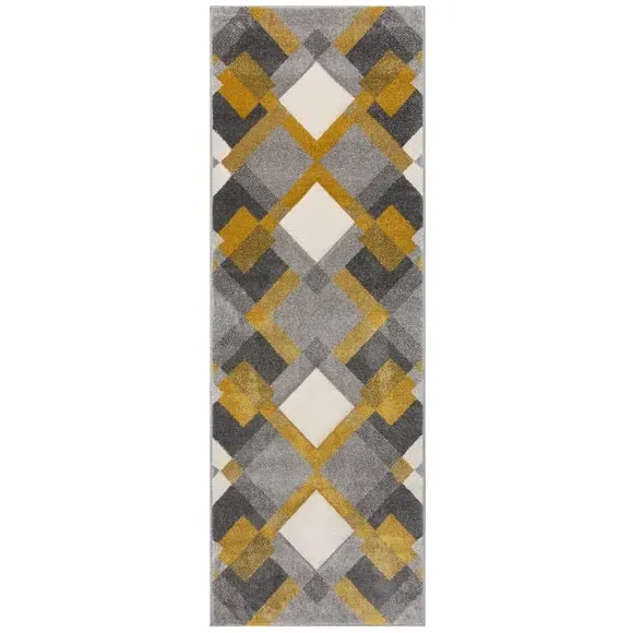 Geometric Runner Rug Hand Carved - Ochre