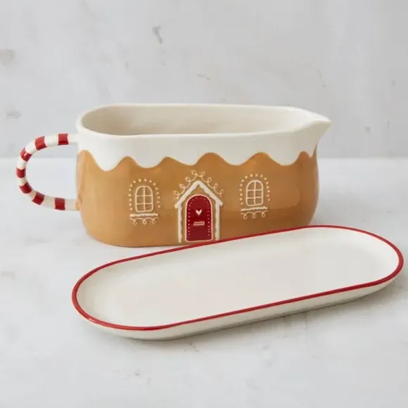 Gingerbread House Gravy Boat & Saucer - Brown