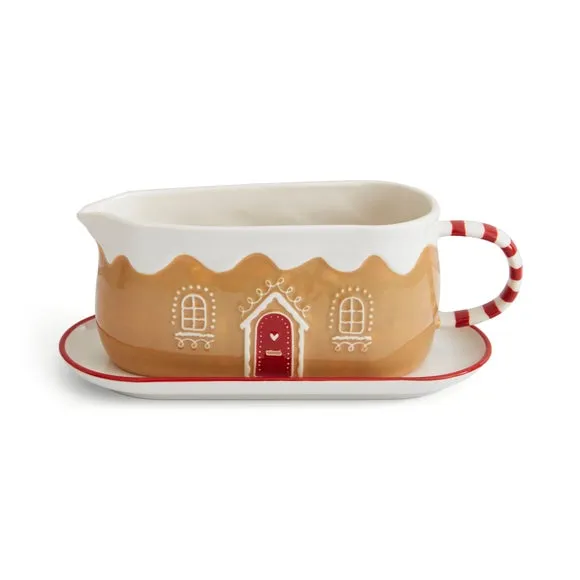 Gingerbread House Gravy Boat & Saucer - Brown