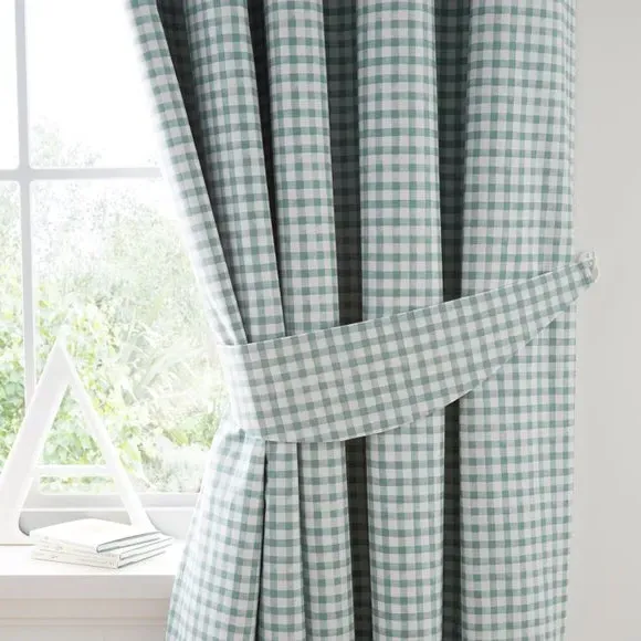 Gingham Blackout Eyelet Curtains - Green, Cotton