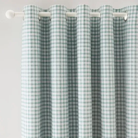 Gingham Blackout Eyelet Curtains - Green, Cotton