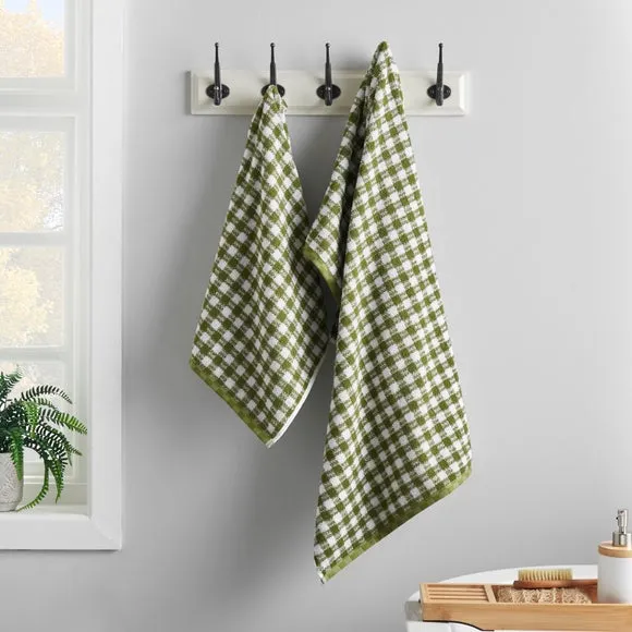 Gingham Check Cotton Towel - Soft Olive